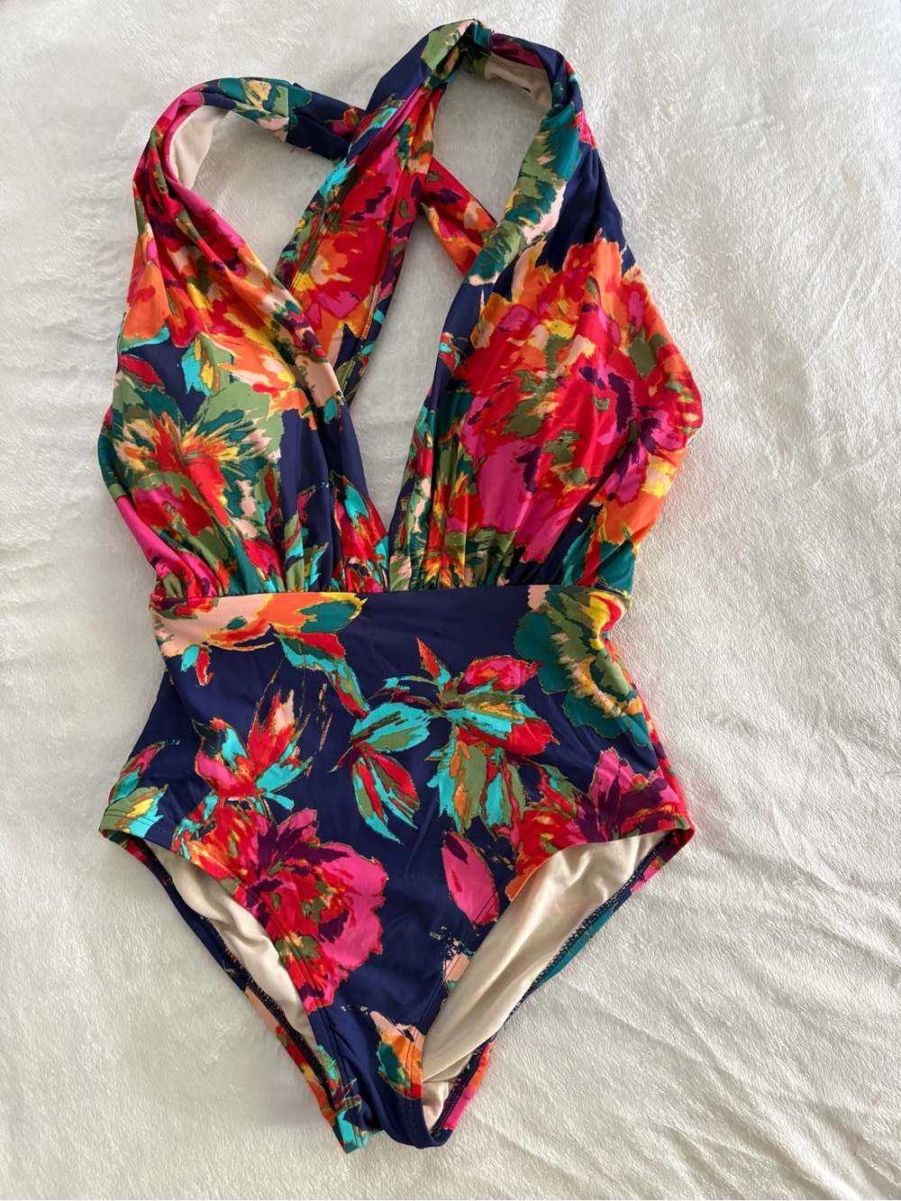Floral V-Neck One-Piece Swimsuit - Navy Multi